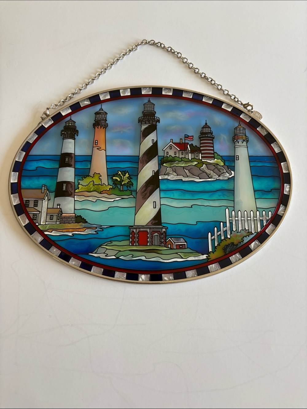 Coastal Lighthouse Stained Glass Wall Hanging - Blue Scenic Panel